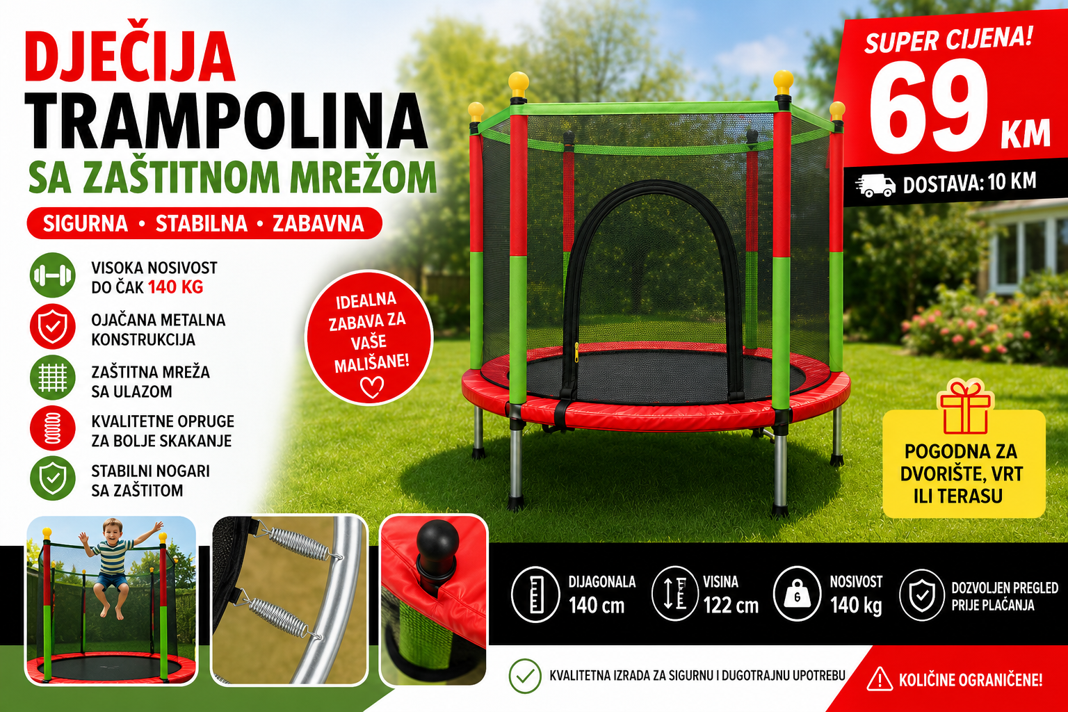 f944e729-3ae1-4a5f-8590-350e08f10493 Dječija trampolina sa zaštitnom mrežom – 140 cm - Image 1